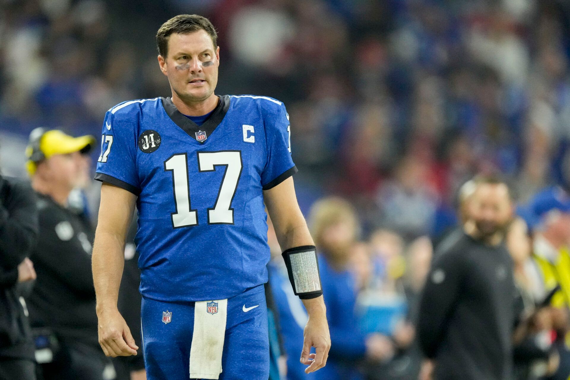Indianapolis Colts quarterback Philip Rivers (17) walks the sideline during a game against the San Francisco 49ers during the second quarter at Lucas Oil Stadium.