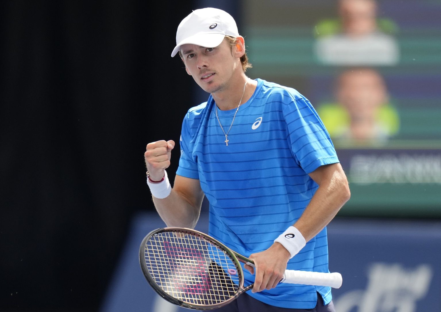 Alex De Minaur (AUS) reacts after a point against Daniil Medvedev (not pictured) at Sobeys Stadium.