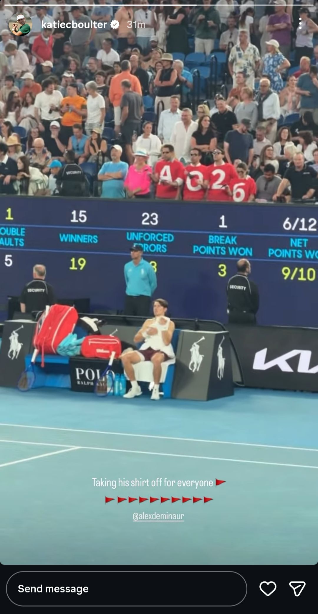 Screen grab of Alex De Minaur's fiancée Katie Boulter's Instagram story