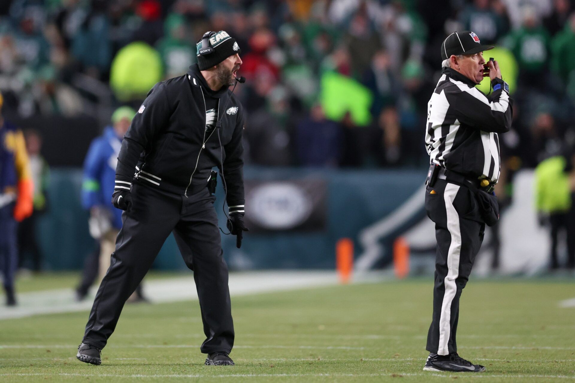 Philadelphia Eagles head coach Nick Sirianni reacts after a play against the San Francisco 49ers during the second quarter in an NFC Wild Card Round game at Lincoln Financial Field.