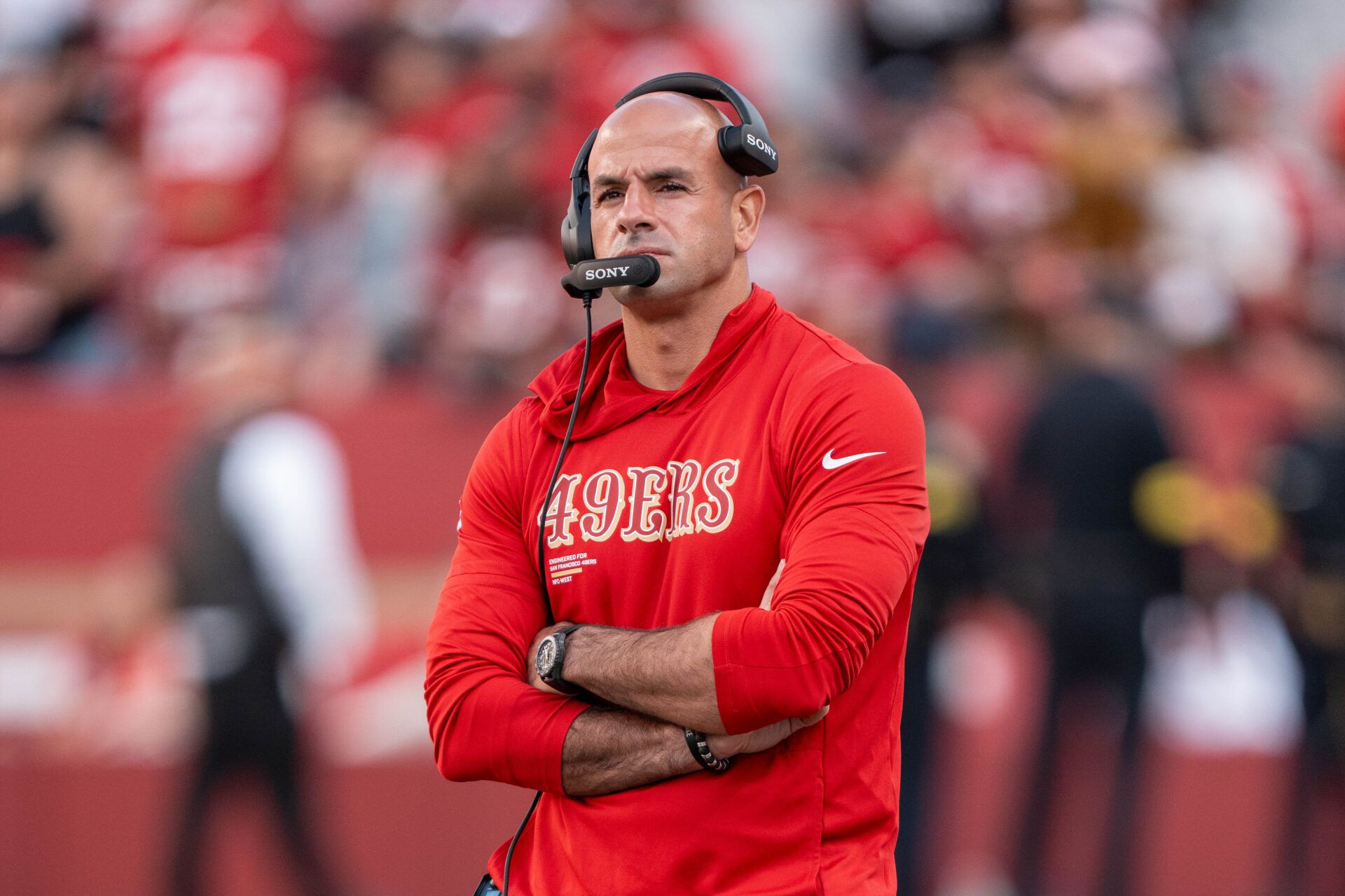 San Francisco 49ers defensive coordinator Robert Saleh before the game against the Los Angeles Chargers at Levi's Stadium.