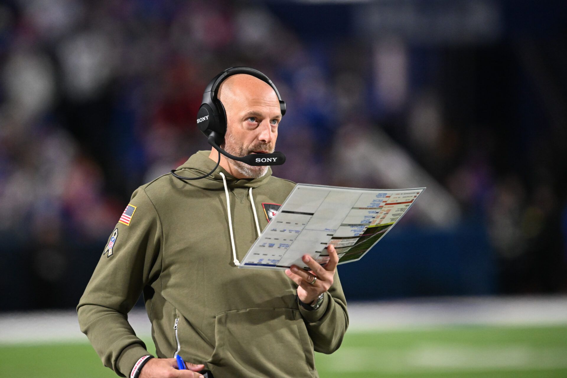 Kansas City Chiefs offensive coordinator Matt Nagy looks on during the third quarter against the Buffalo Bills at Highmark Stadium.