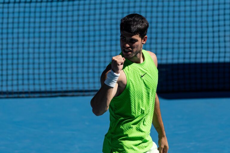Carlos Alcaraz of Spain celebrates his victory over Corentin Moutet of France in the third round of the mens singles at the Australian Open at Rod Laver Arena in Melbourne Park.