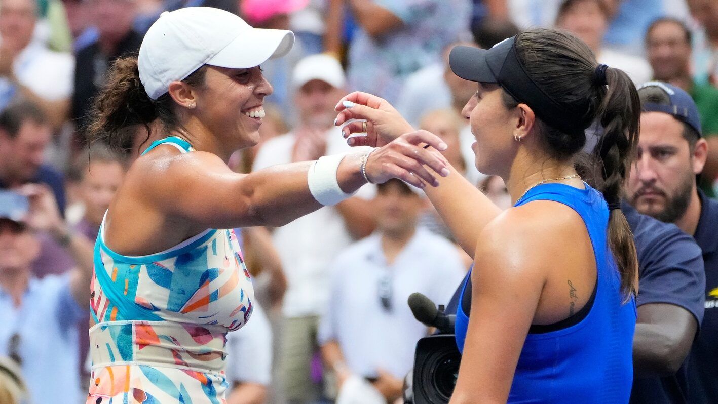 Madison Keys of the USA (left) after beating Jessica Pegula of the USA on day eight of the 2023 U.S. Open tennis tournament at USTA Billie Jean King National Tennis Center.