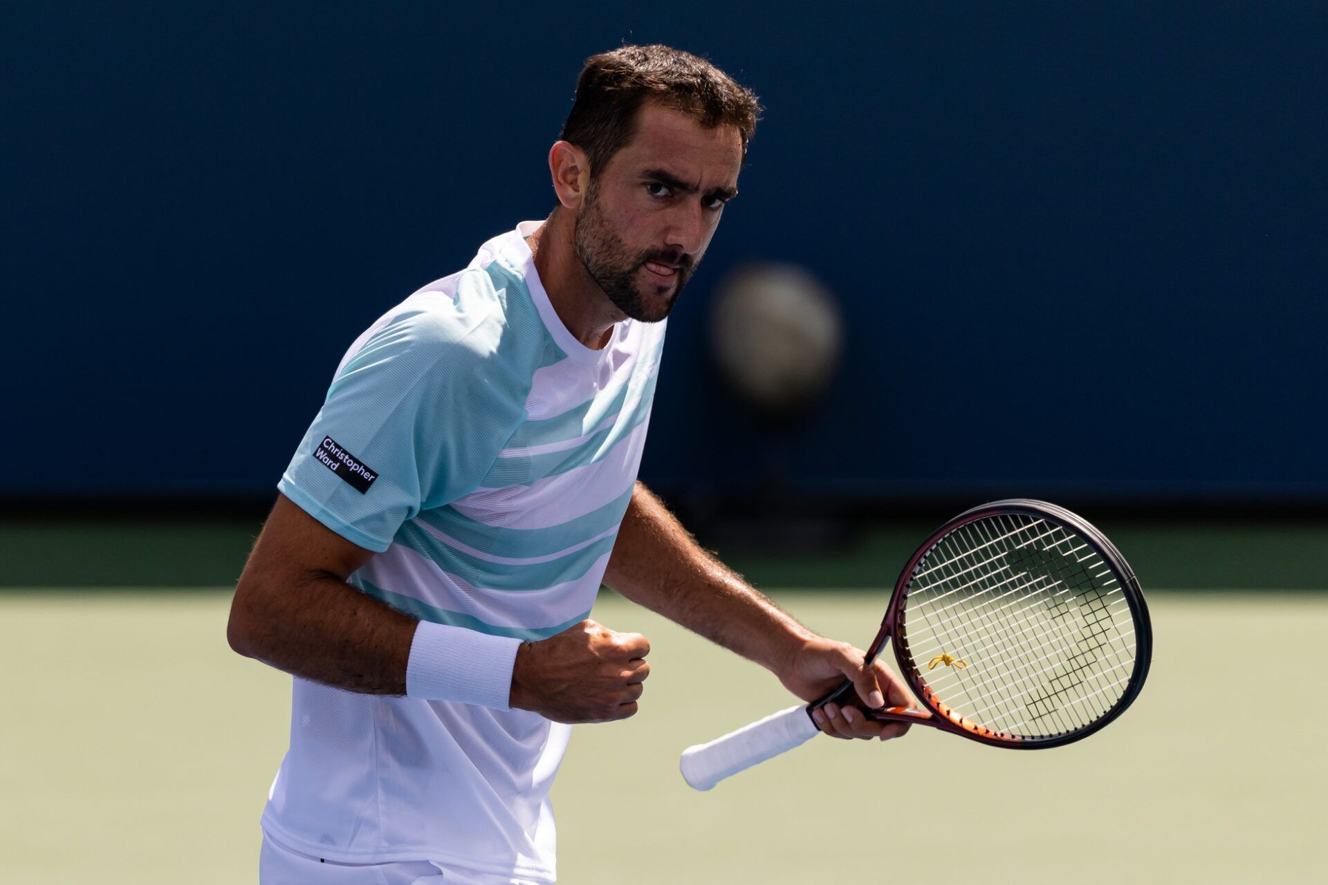 Marin Cilic of Croatia in action against Alexander Bublik of Kazakhstan in the first round of the mens singles at the US Open at Billie Jean King National Tennis Centre.