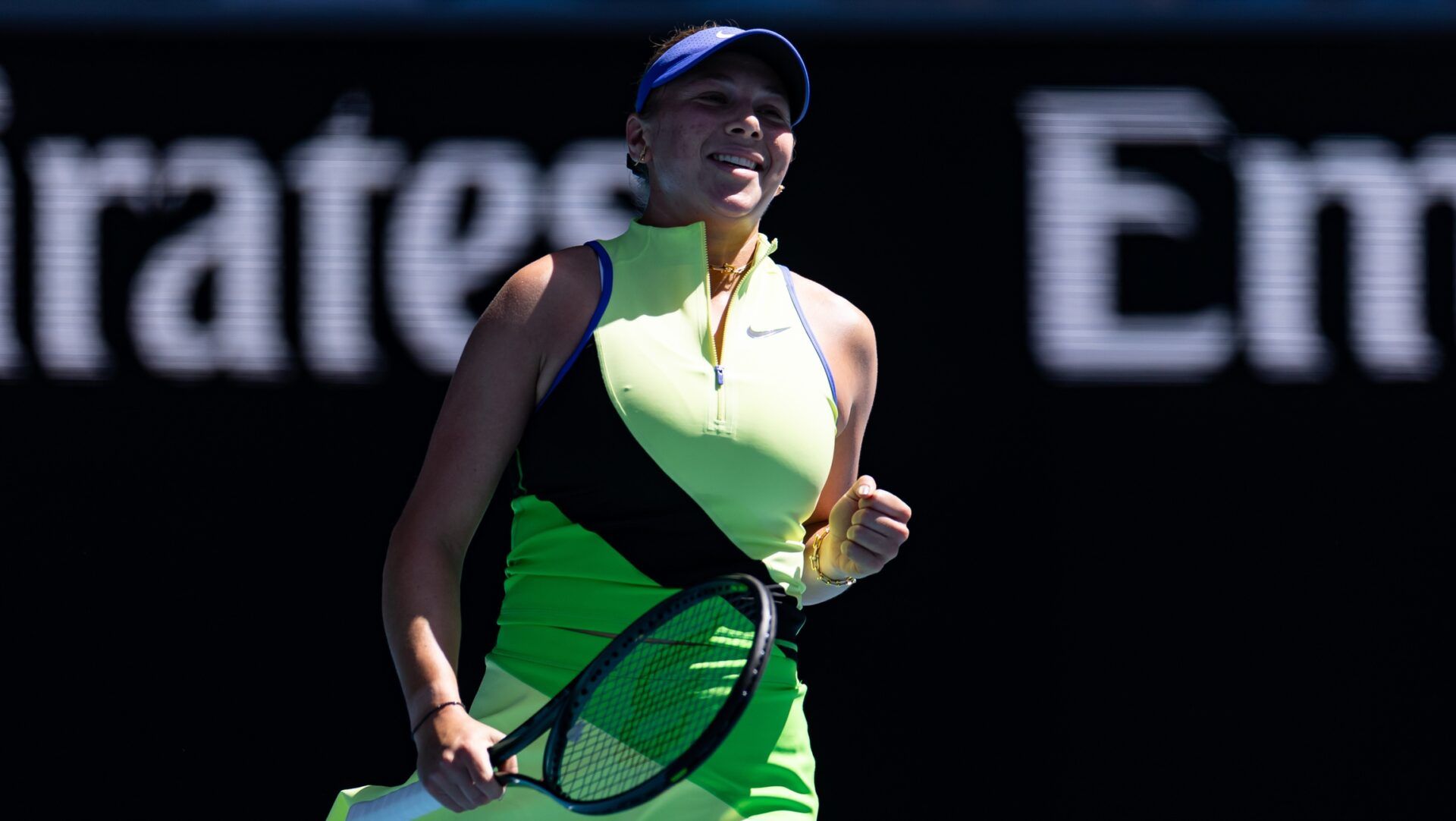 Amanda Anisimova of United States in action against Katerina Siniakova of Czech Republic in the second round of the women’s singles at the Australian Open at Margaret Court Arena in Melbourne Park.