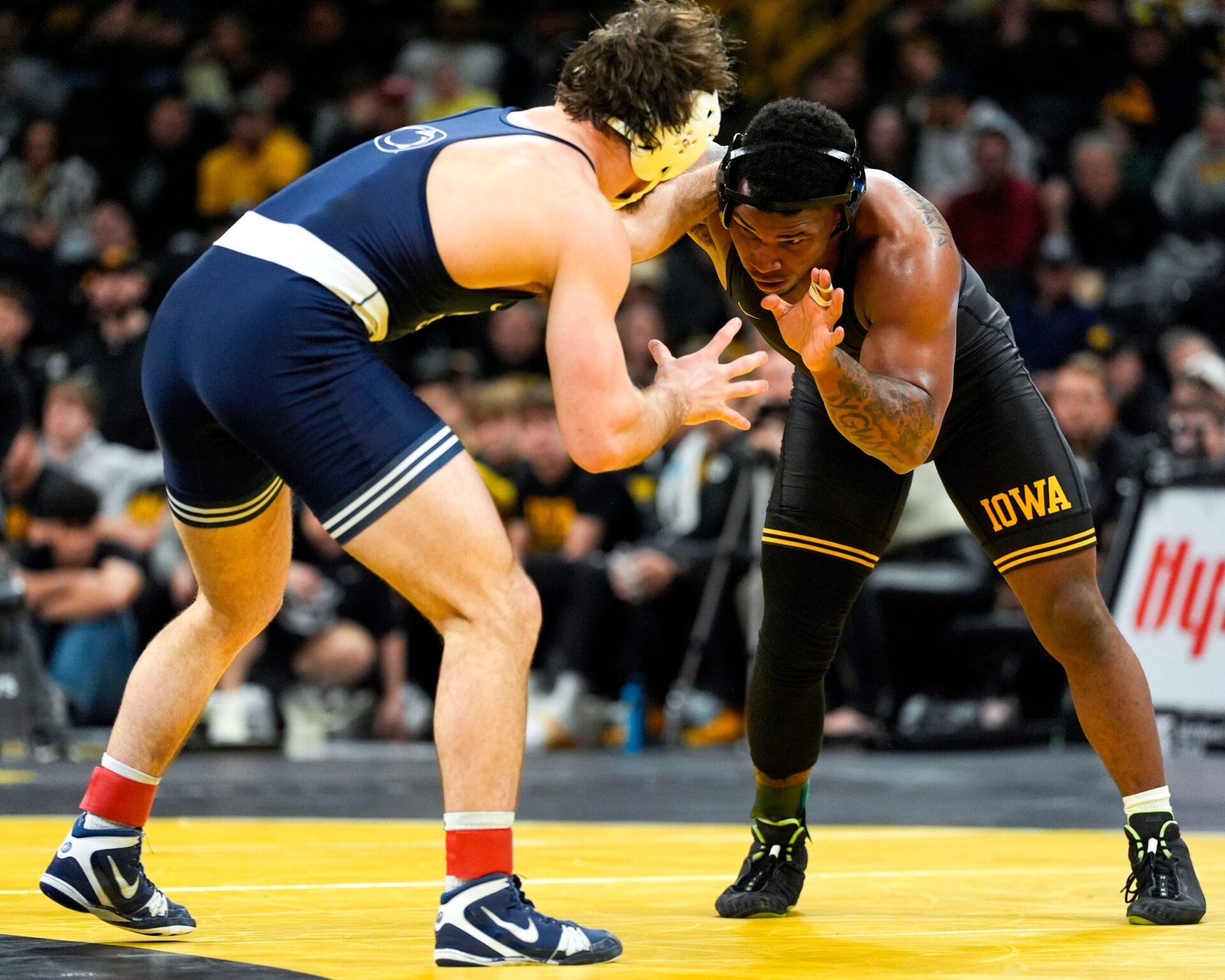 Iowa’s Gabe Arnold wrestles Penn State’s Levi Haines in a 174-pound match Jan. 16, 2026 at Carver-Hawkeye Arena in Iowa City, Iowa.