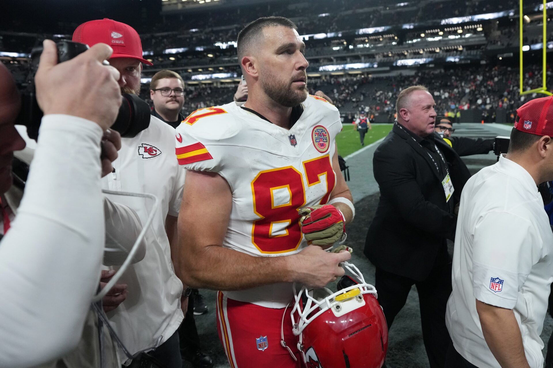 Kansas City Chiefs tight end Travis Kelce (87) leaves the field after the game against the Las Vegas Raiders at Allegiant Stadium. 
Credit: Kirby Lee-Imagn Images