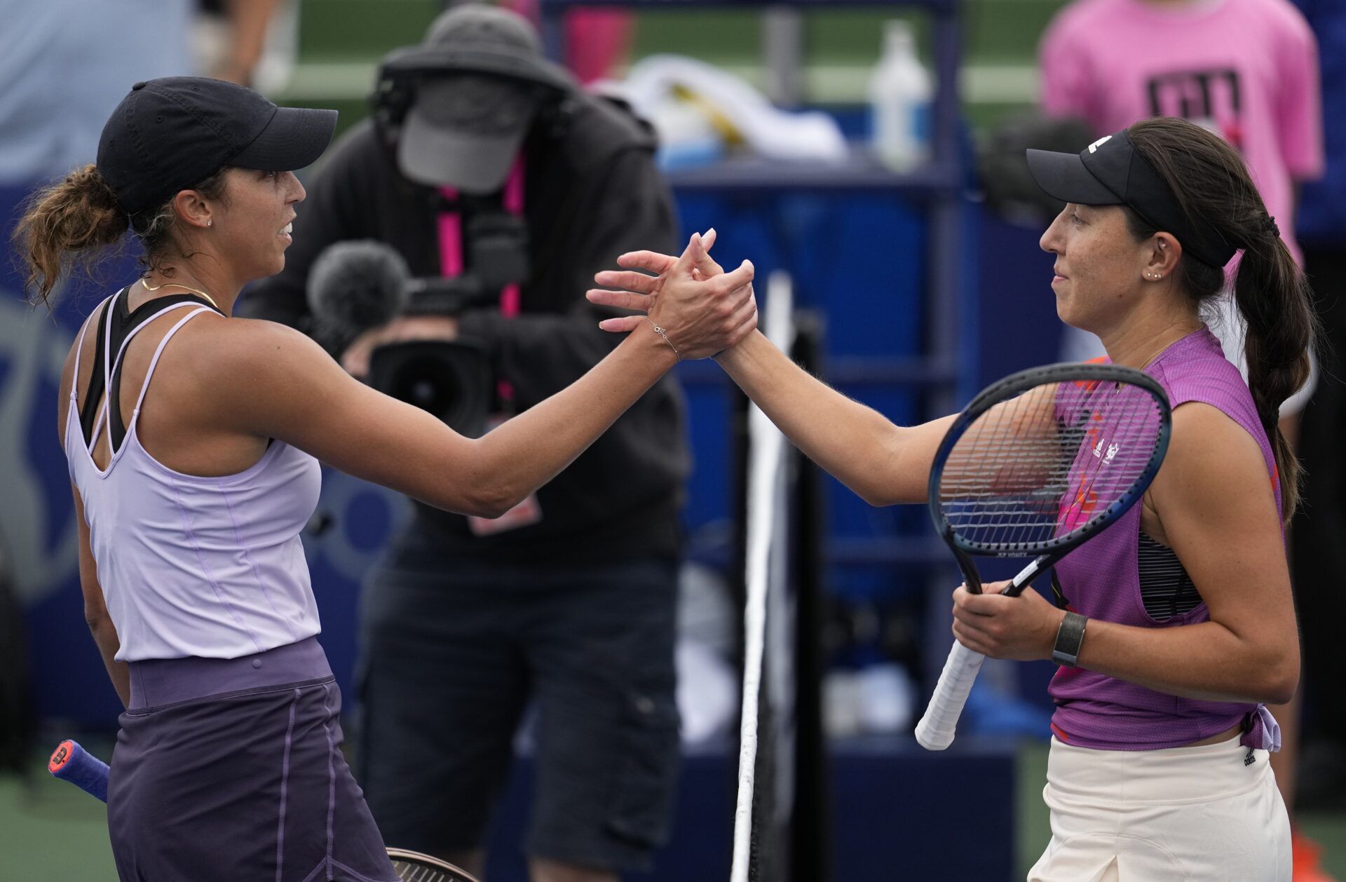 Jessica Pegula of the United States (right) greets Madison Keys of the United States (left) after their match during the San Diego Open at Barnes Tennis Center.