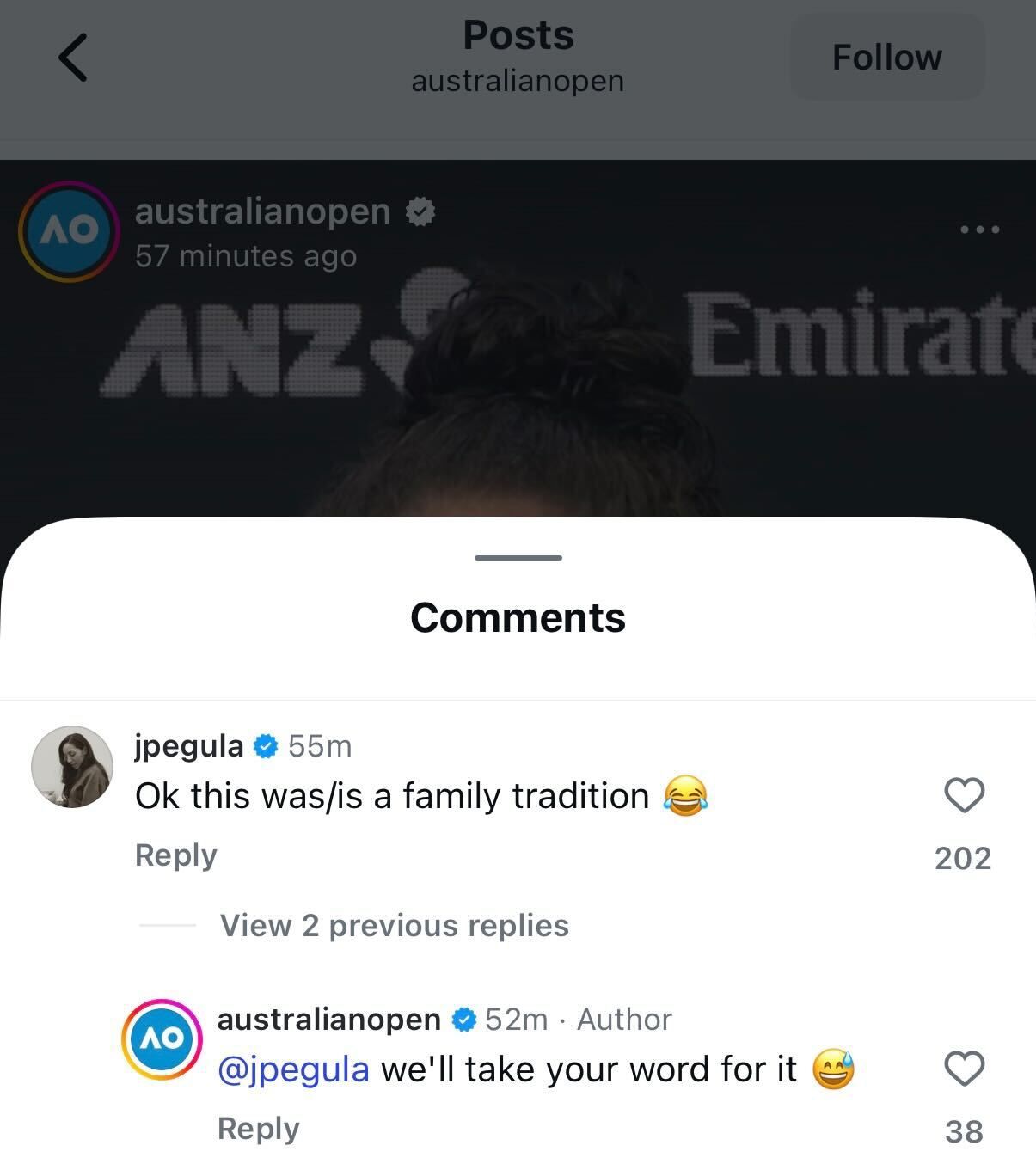 Screen grab of Jessica Pegula's comment