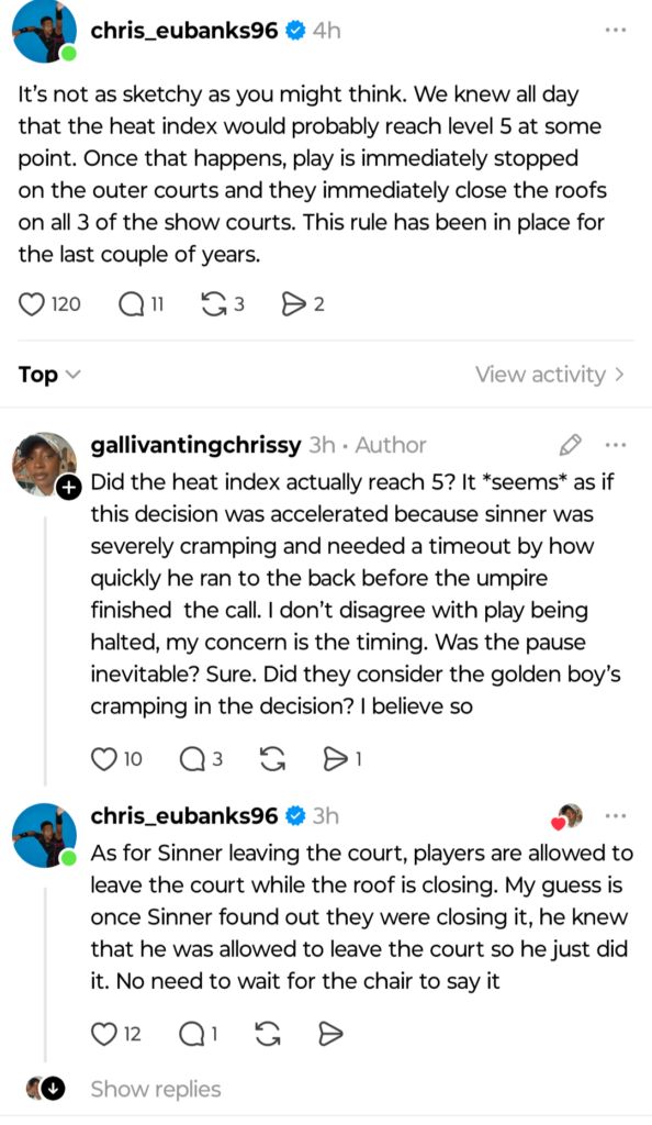 Chris Eubanks explaining the roof closing play suspension during the Sinner-Spizzirri match