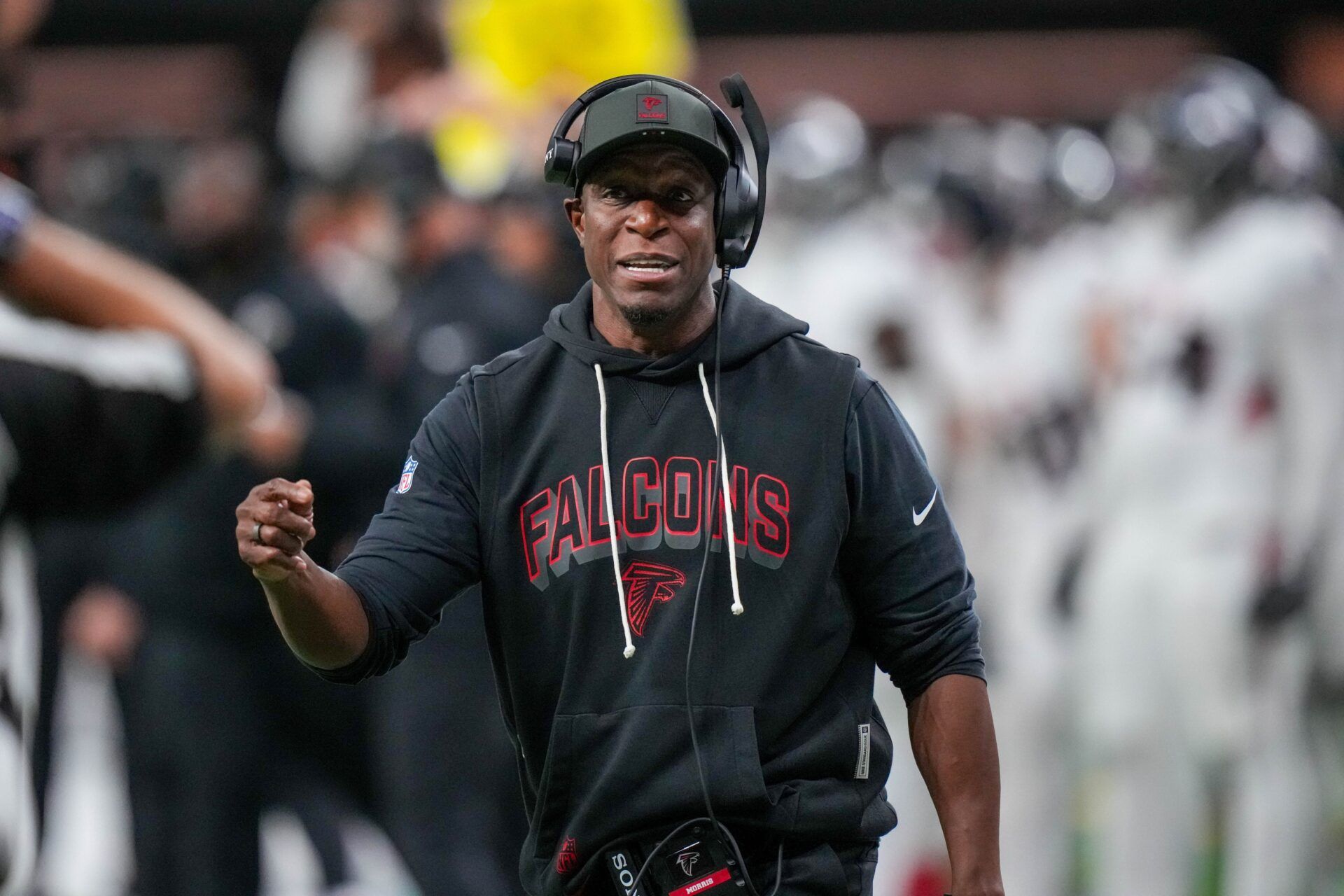 Atlanta Falcons head coach Raheem Morris reacts on the sidelines during the second half against the New Orleans Saints at Caesars Superdome.