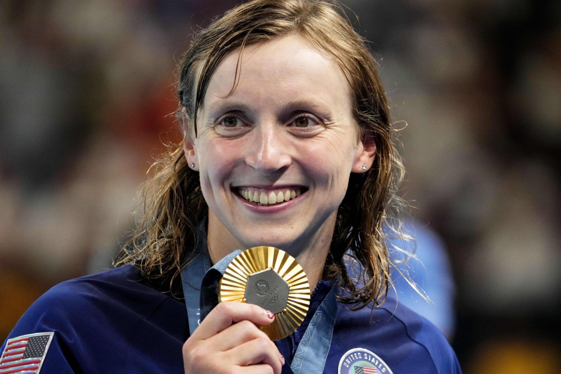 Katie Ledecky (USA) in the women’s 1,500-meter freestyle medal ceremony during the Paris 2024 Olympic Summer Games at Paris La Défense Arena.