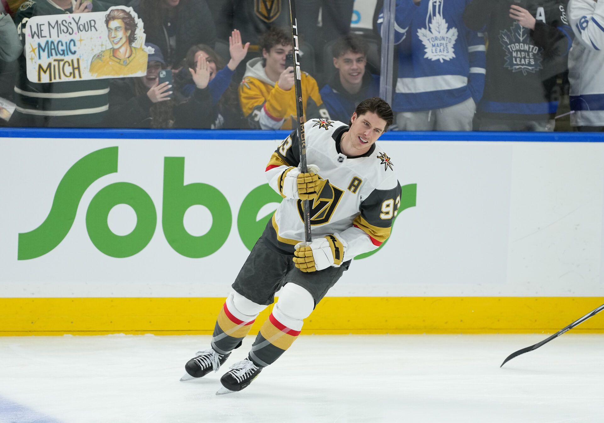 Vegas Golden Knights right wing Mitch Marner (93) skates during the warmup before a game against the Toronto Maple Leafs at Scotiabank Arena.