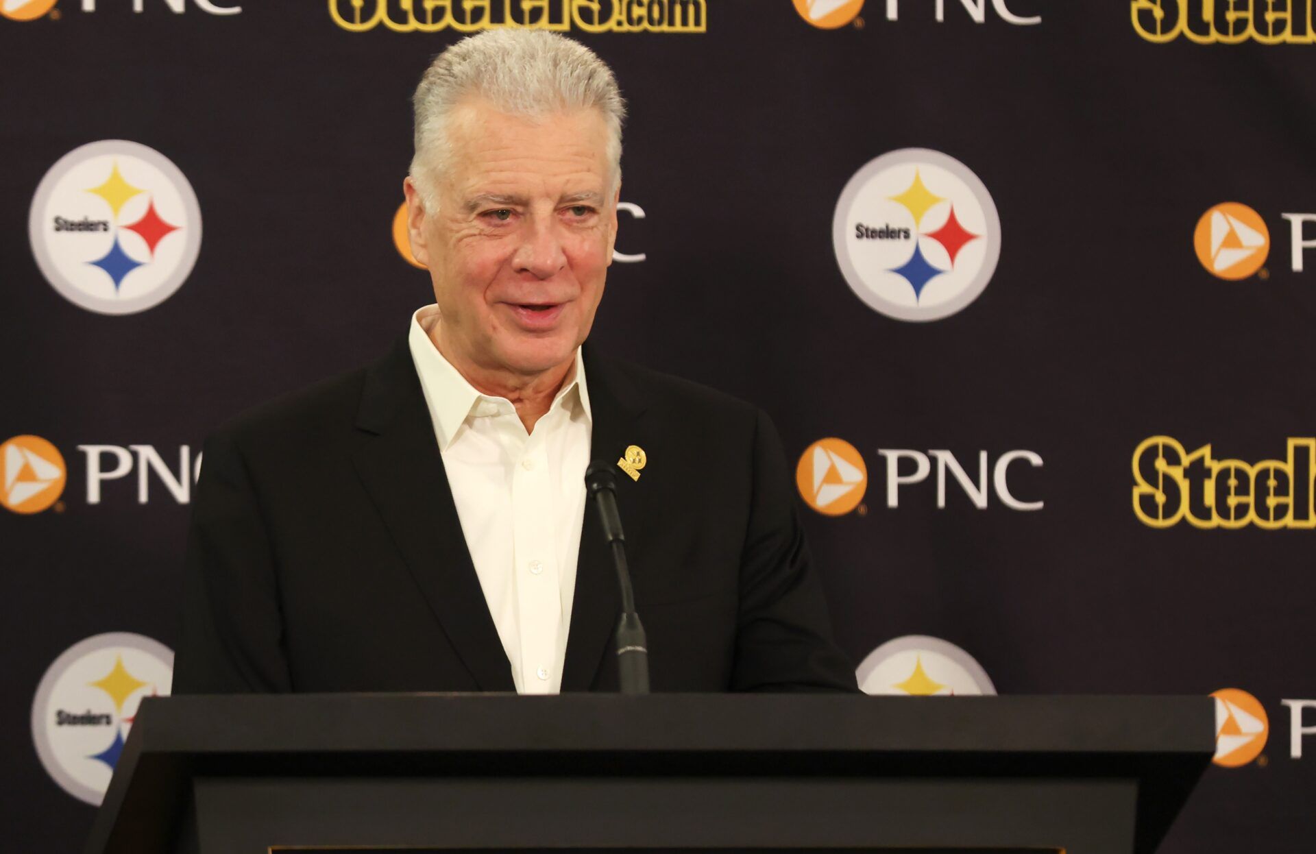 Pittsburgh Steelers president Art Rooney II speaks at a press conference at Acrisure Stadium.