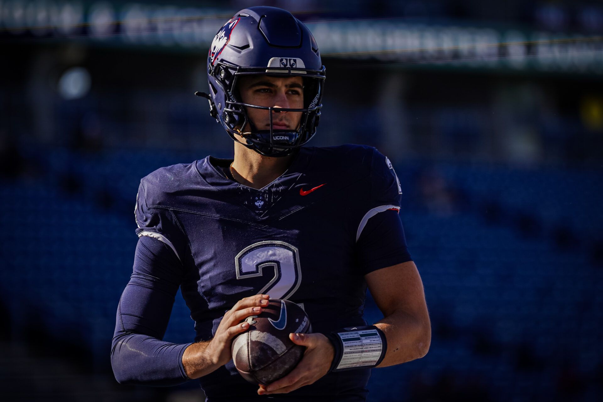 UConn Huskies quarterback Joe Fagnano (2) warms up before the start of the game against the Air Force Falcons at Pratt & Whitney Stadium at Rentschler Field.
