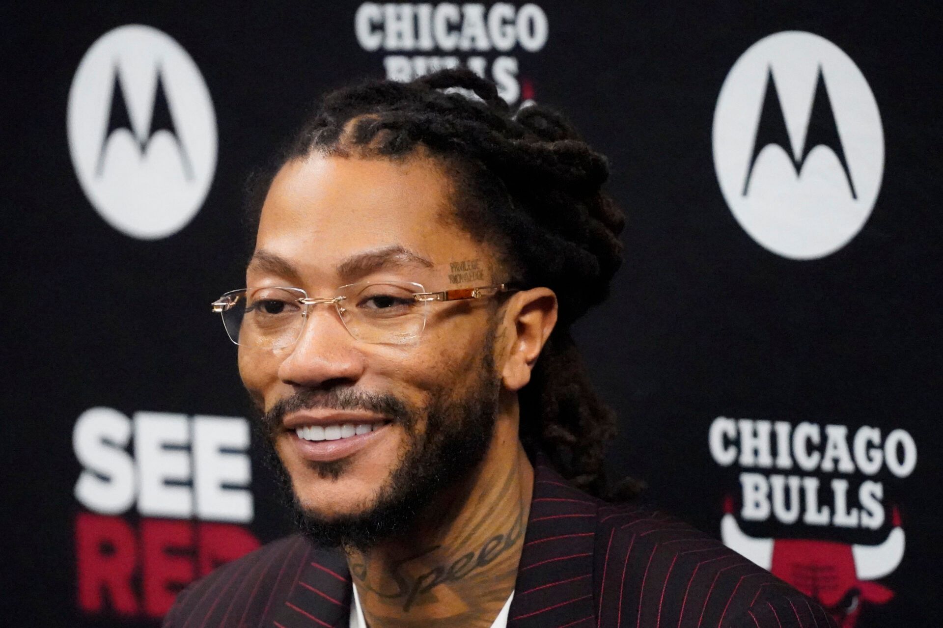 Chicago Bulls and New York Knicks former player Derrick Rose speaks during a press conference answers questions. Rose will be honored at halftime in a game between the Chicago Bulls and the New York Knicks at United Center.