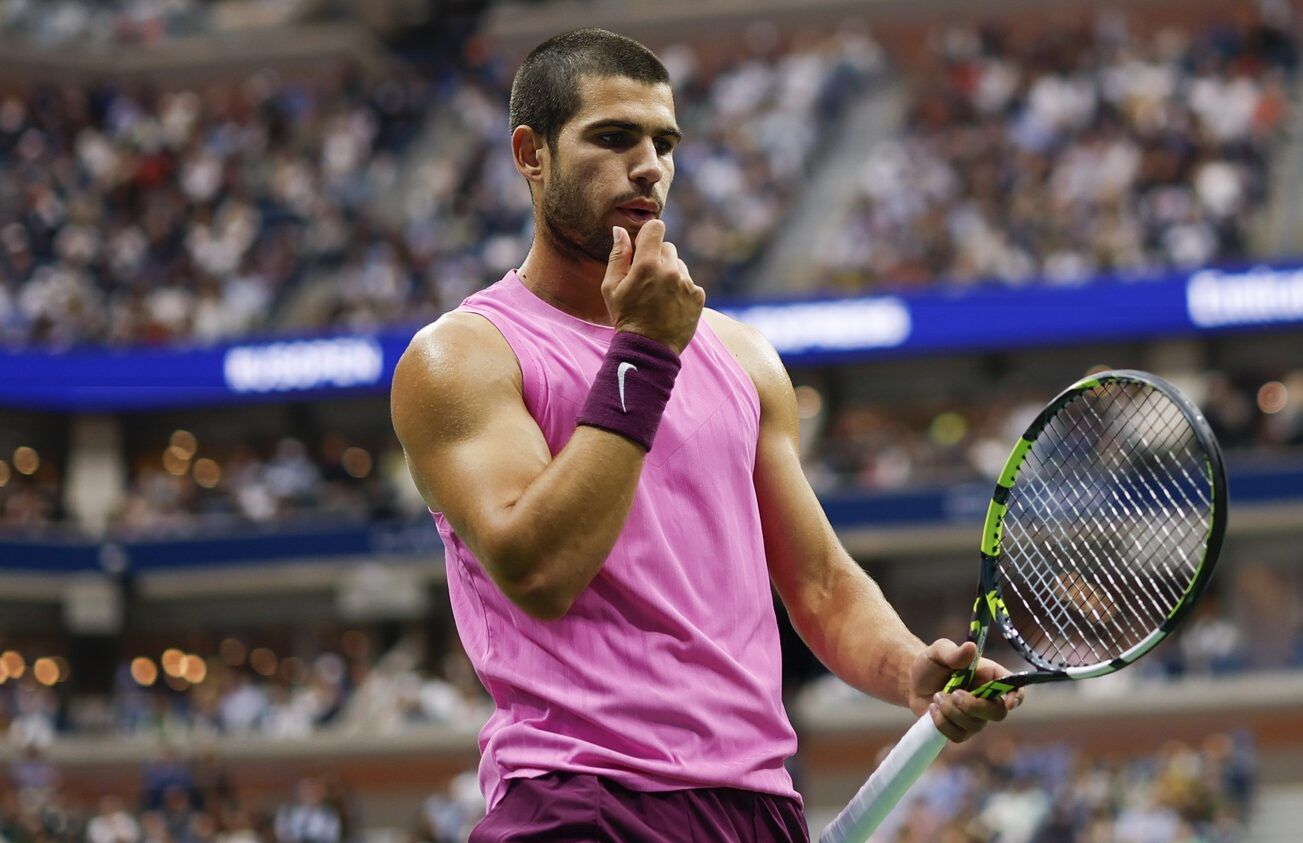 Carlos Alcaraz (ESP) reacts against Jannik Sinner (ITA) (not pictured) during the final of mens singles at Billie Jean King National Tennis Center.