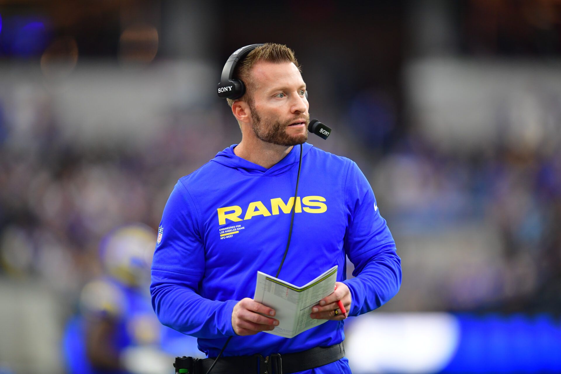 Los Angeles Rams head coach Sean McVay stands on the sidelines against the Arizona Cardinals during the first half at SoFi Stadium.