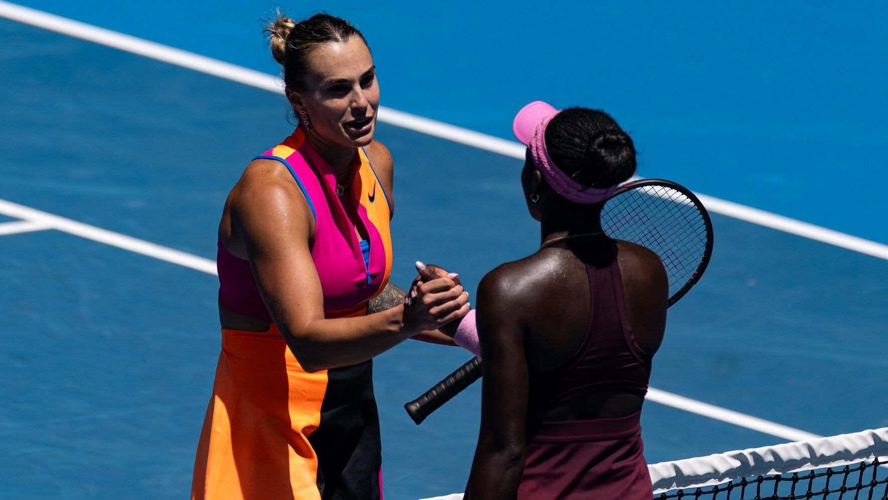 Aryna Sabalenka celebrates her victory over Victoria Mboko of Canada in the fourth round of the women’s singles at the Australian Open at Rod Laver Arena in Melbourne Park.
