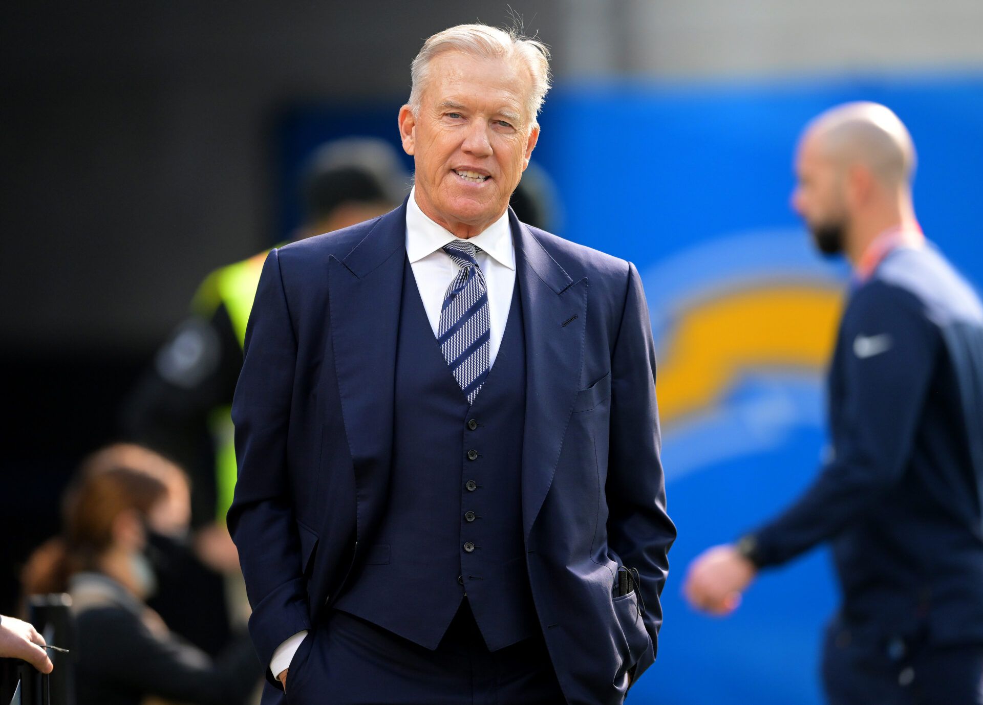 Denver Broncos president of football operations John Elway looks on before the game against the Los Angeles Chargers at SoFi Stadium.