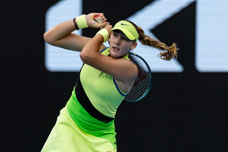 Mirra Andreeva in action against Donna Vekic of Croatia in the first round of the women’s singles at the Australian Open at Margaret Court Arena in Melbourne Park.