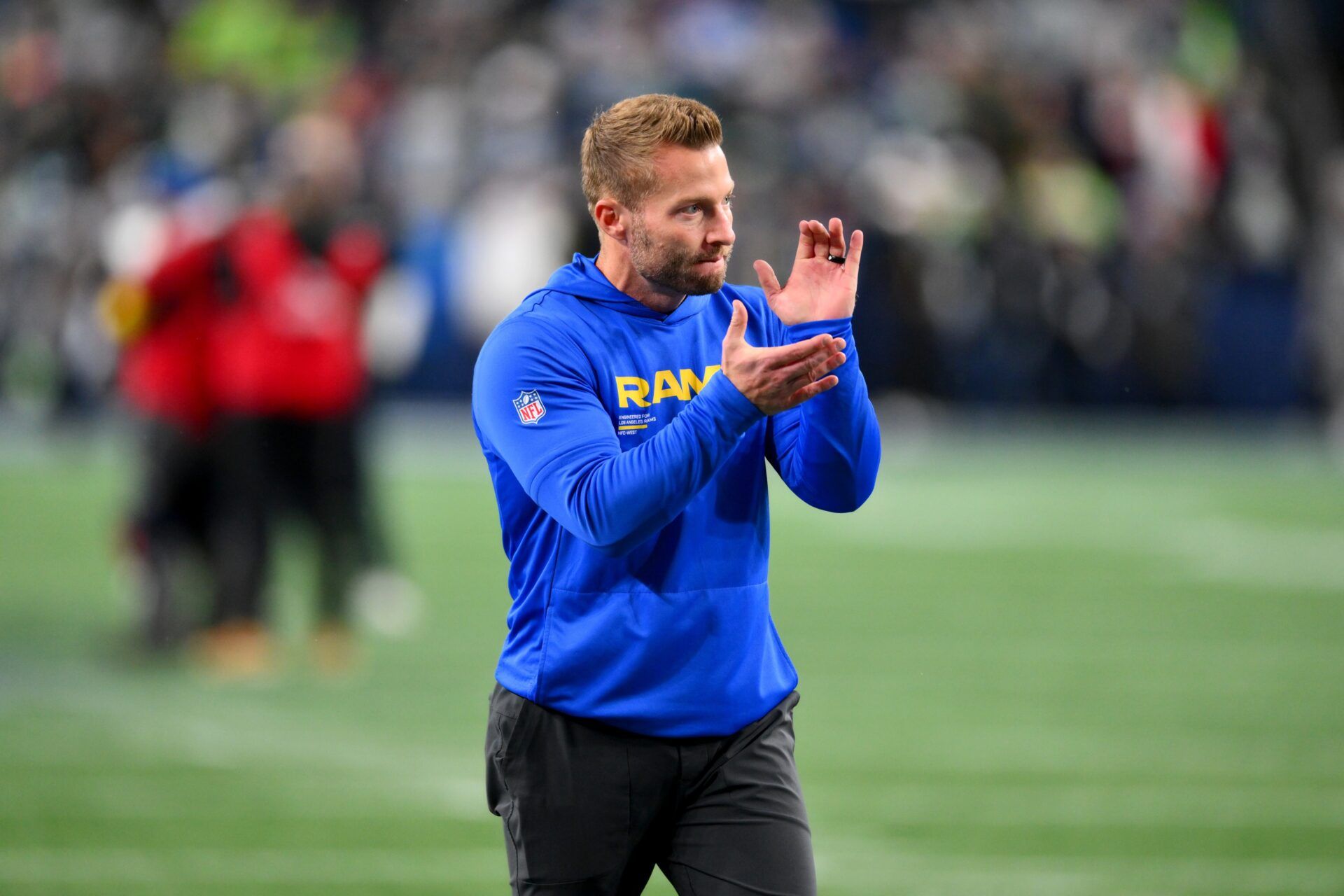 Los Angeles Rams head coach Sean McVay looks on before the game against the Seattle Seahawks at Lumen Field.