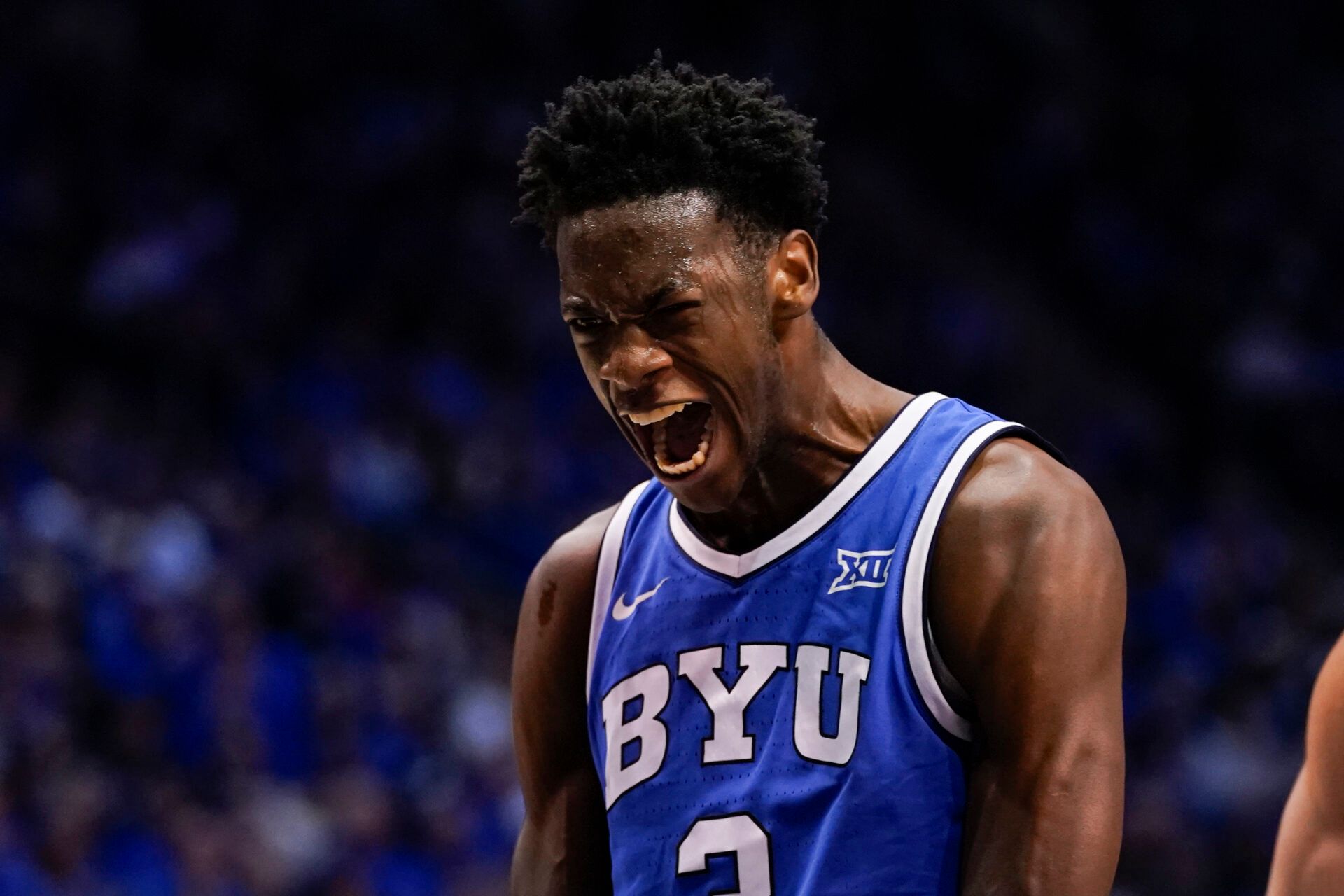 BYU Cougars forward AJ Dybantsa (3) reacts during the first half against the Utah Utes at Marriott Center.
