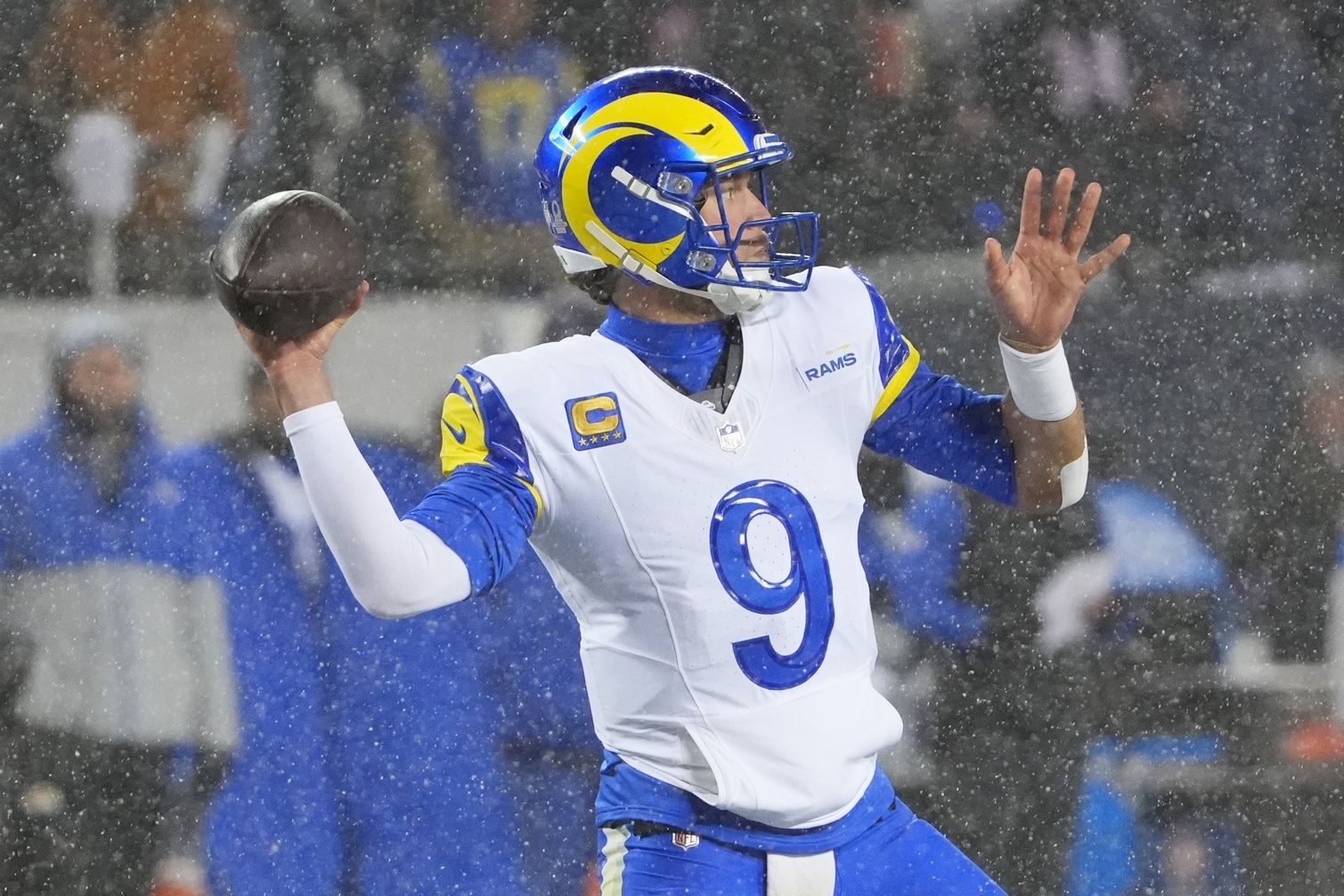Los Angeles Rams quarterback Matthew Stafford (9) throws a pass against the Chicago Bears during the second quarter of an NFC Divisional Round game at Soldier Field.