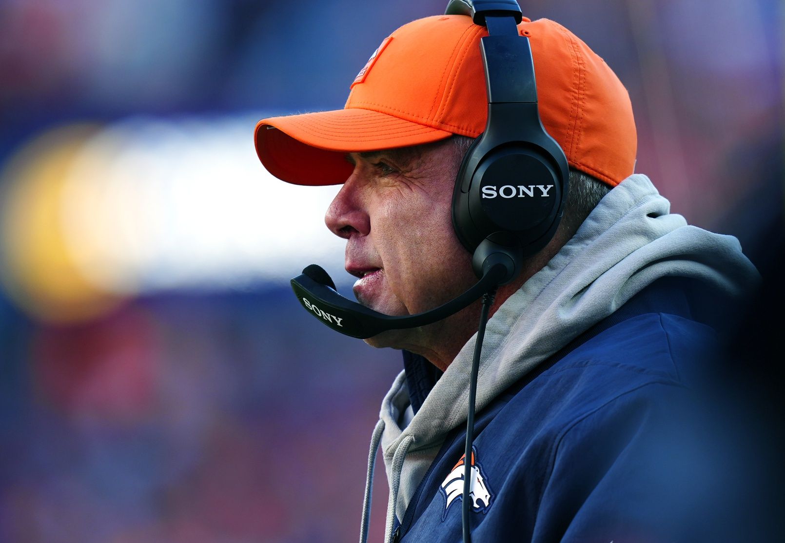 Denver Broncos head coach Sean Payton during the first quarter of an AFC Divisional Round playoff game against the Buffalo Bills at Empower Field at Mile High.