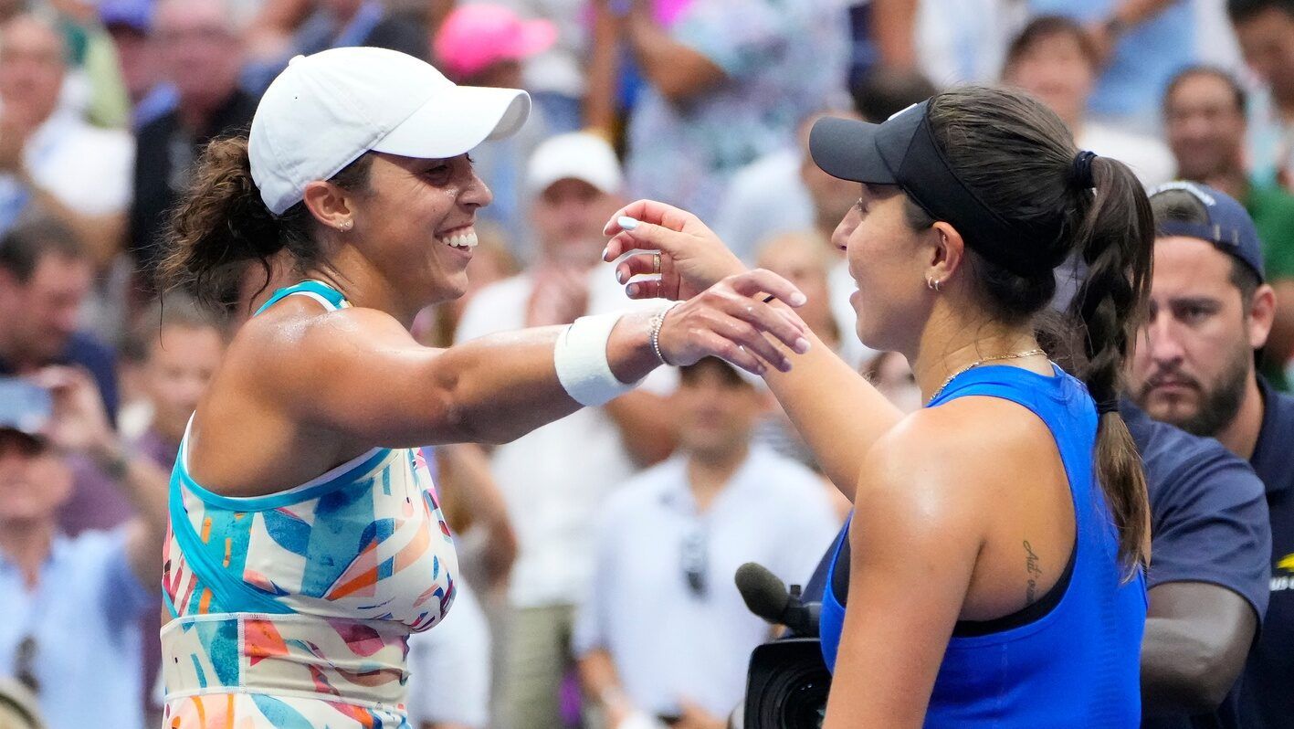 Madison Keys of the USA (left) after beating Jessica Pegula of the USA on day eight of the 2023 U.S. Open tennis tournament at USTA Billie Jean King National Tennis Center.