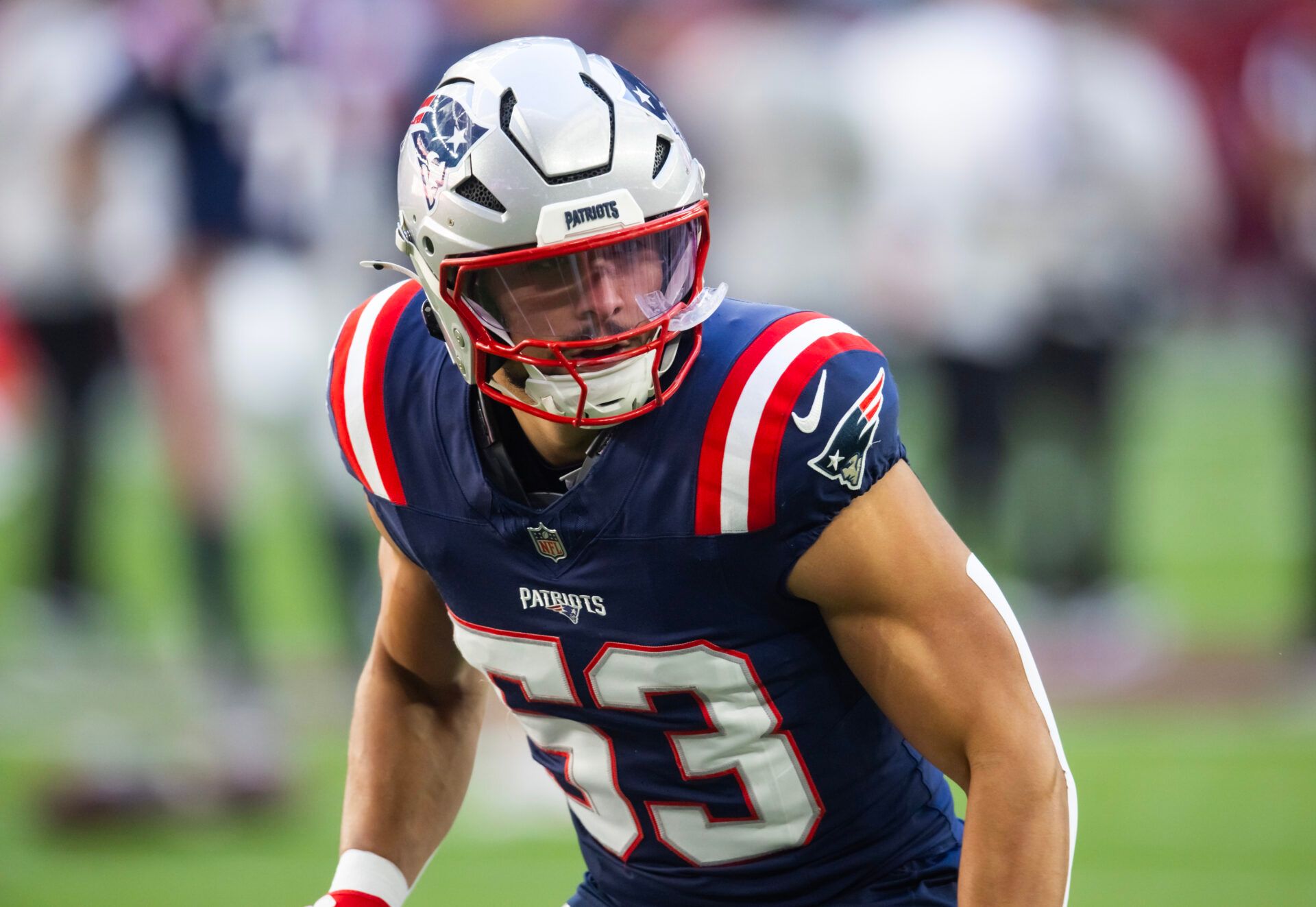 New England Patriots linebacker Christian Elliss (53) against the Arizona Cardinals at State Farm Stadium.