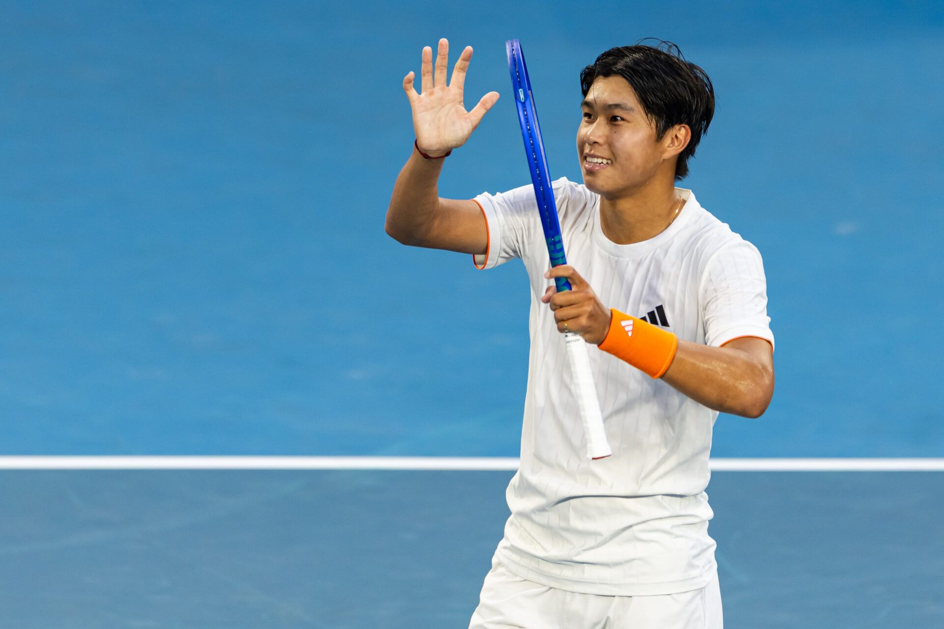 Learner Tien of United States celebrates his victory over Daniil Medvedev in the fourth round of the mens singles at the Australian Open at Margaret Court Arena in Melbourne Park.