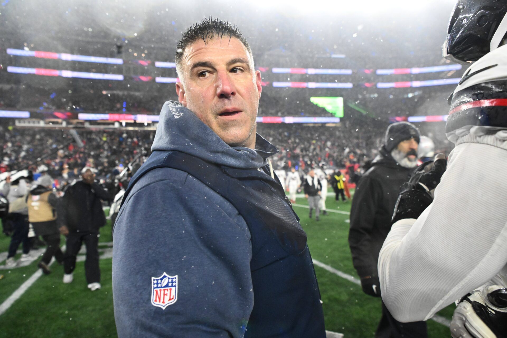 New England Patriots head coach Mike Vrabel looks on after the game against the Houston Texans in an AFC Divisional Round game at Gillette Stadium.