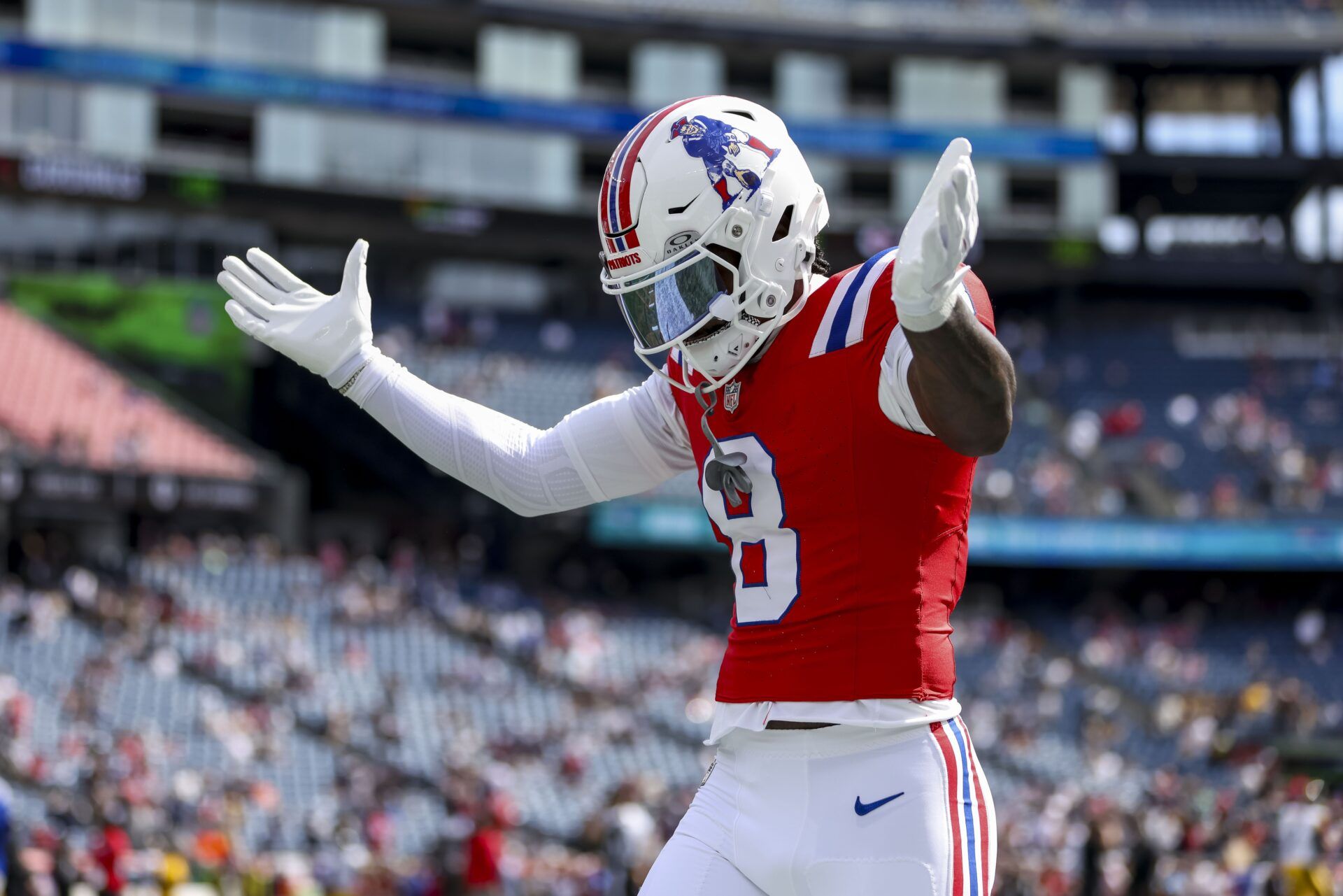 New England Patriots wide receiver Stefon Diggs (8) before the game against the Pittsburgh Steelers at Gillette Stadium.