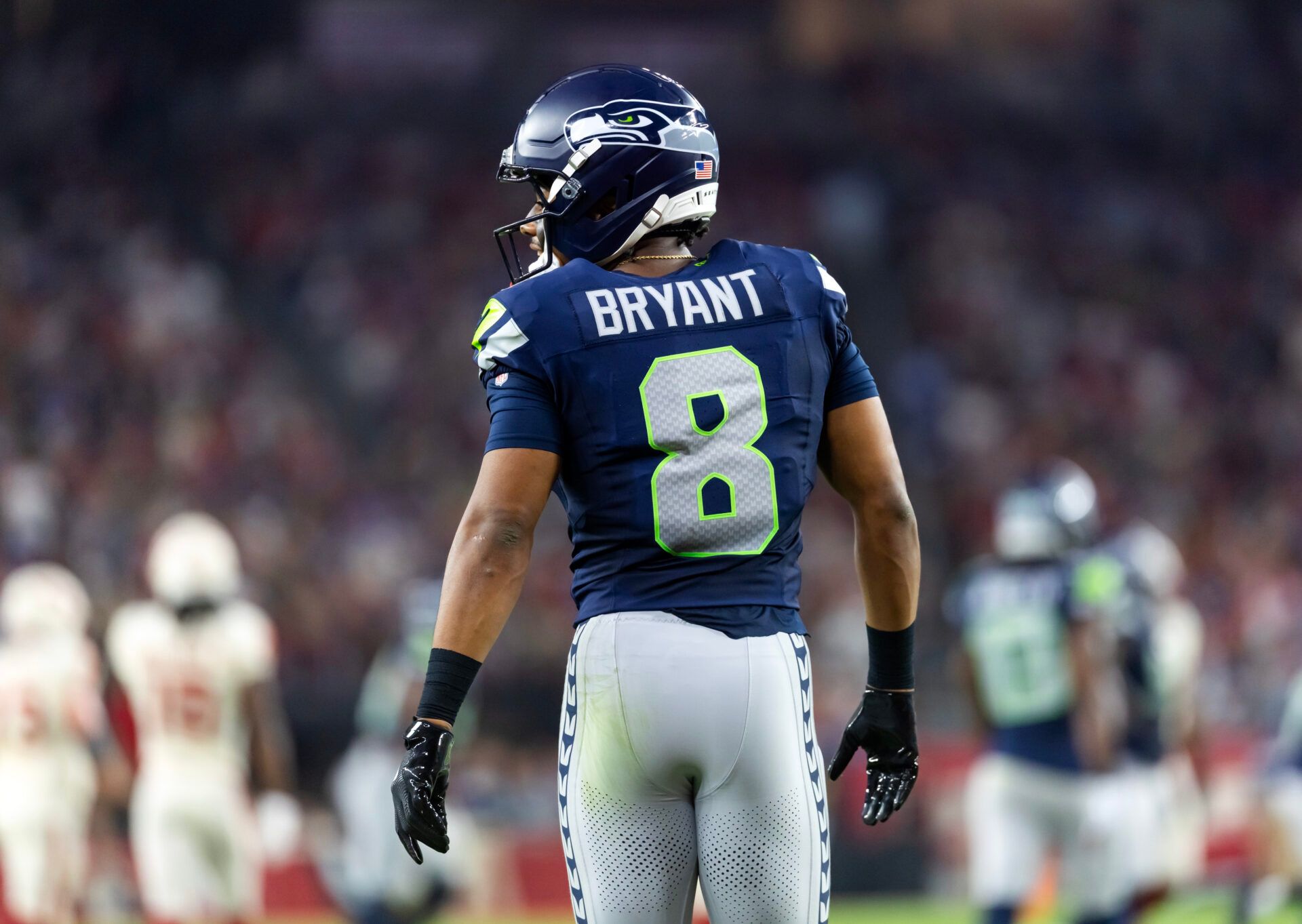 Detailed view of the jersey of Seattle Seahawks safety Coby Bryant (8) against the Arizona Cardinals at State Farm Stadium.