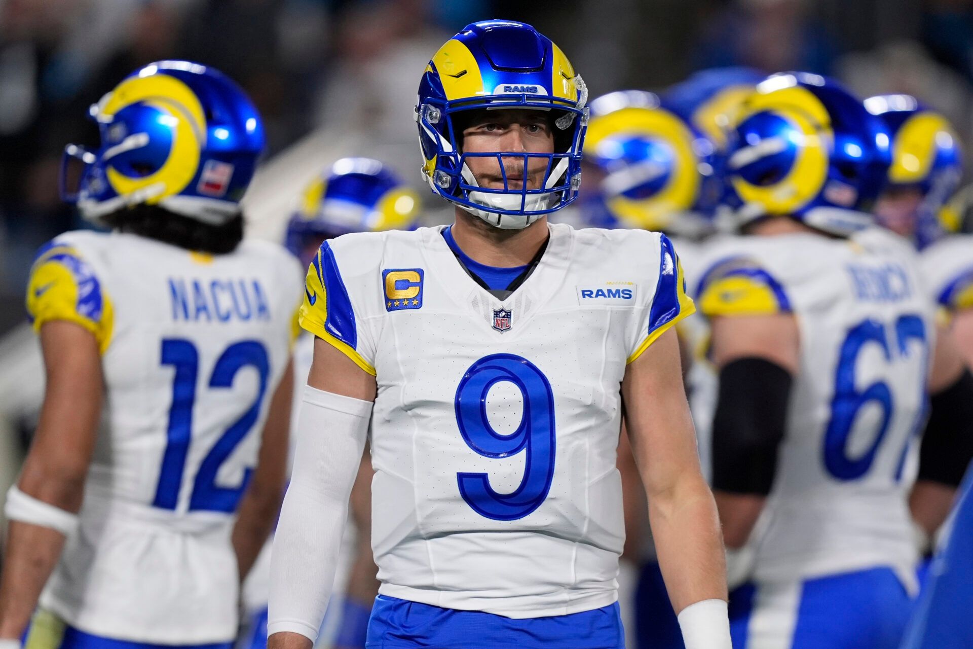 Los Angeles Rams quarterback Matthew Stafford (9) reacts in the first half during the NFC Wild Card Round game at Bank of America Stadium.