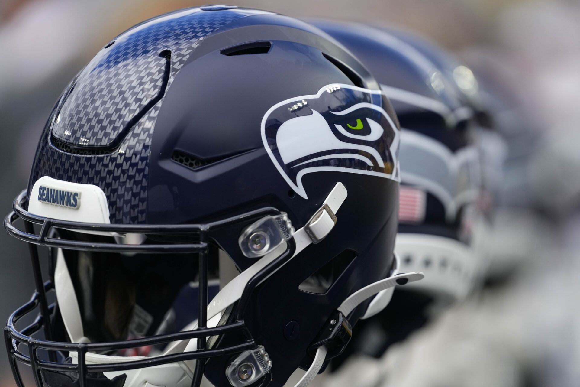 General view of a Seattle Seahawks helmet prior to the game against the Green Bay Packers at Lambeau Field.