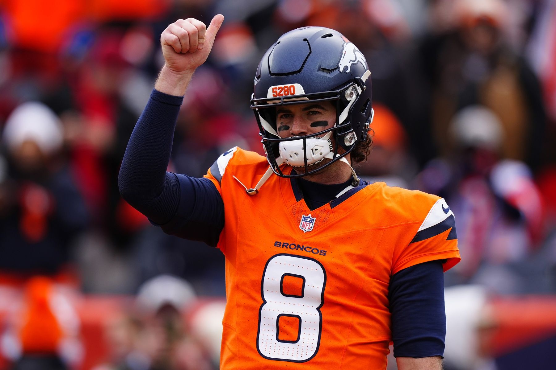 Denver Broncos quarterback Jarrett Stidham (8) practices before the 2026 AFC Championship Game at Empower Field at Mile High.