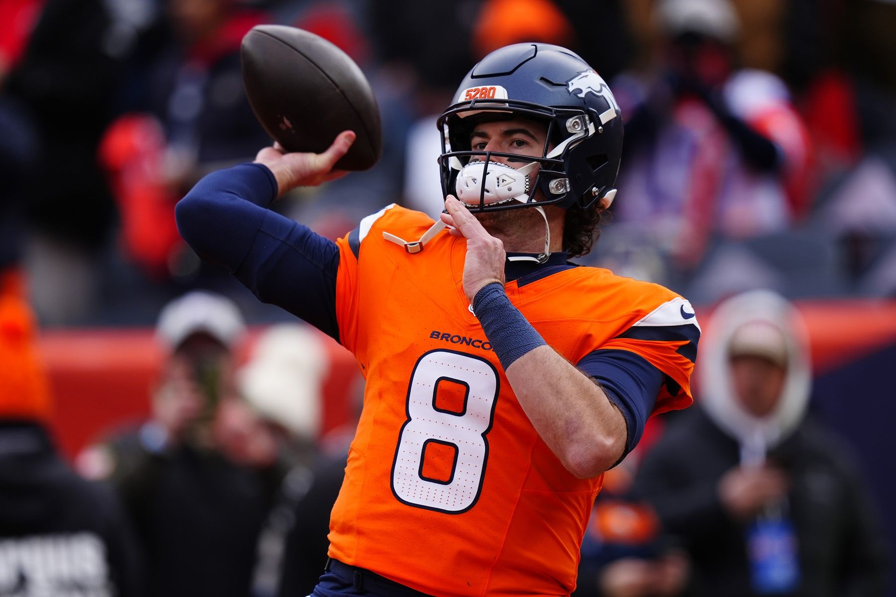 Denver Broncos quarterback Jarrett Stidham (8) practices before the 2026 AFC Championship Game at Empower Field at Mile High.