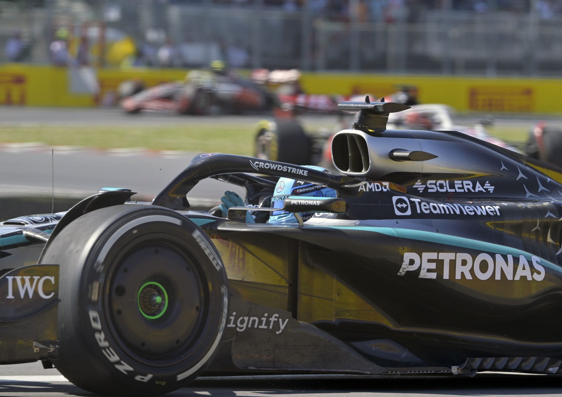 Mercedes driver George Russell (63) waves after winning the F1 Montreal Grand Prix at Circuit Gilles-Villeneuve.