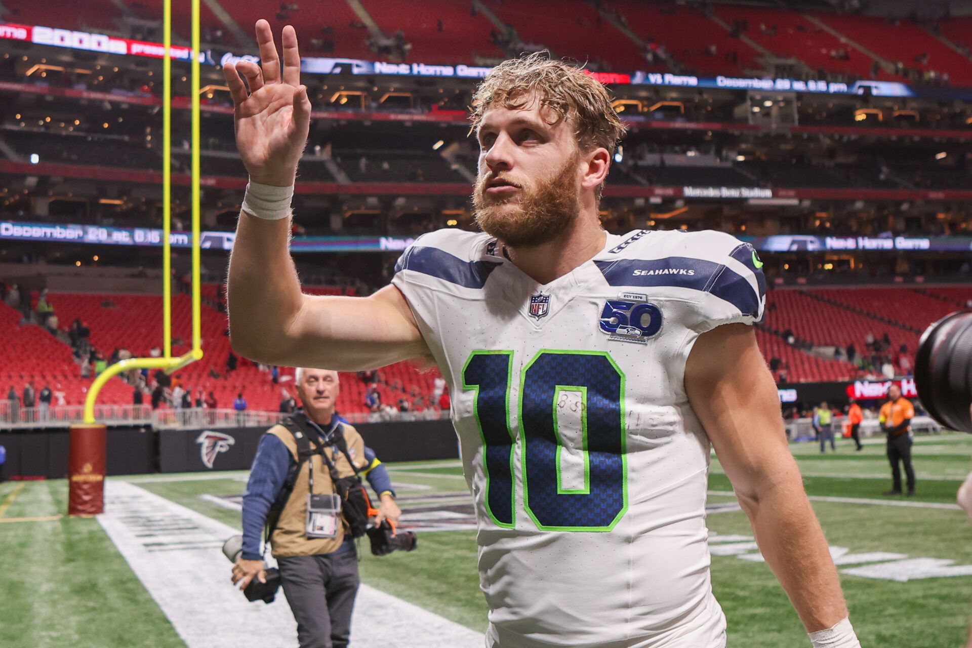 Seattle Seahawks wide receiver Cooper Kupp (10) celebrates after a victory over the Atlanta Falcons at Mercedes-Benz Stadium.