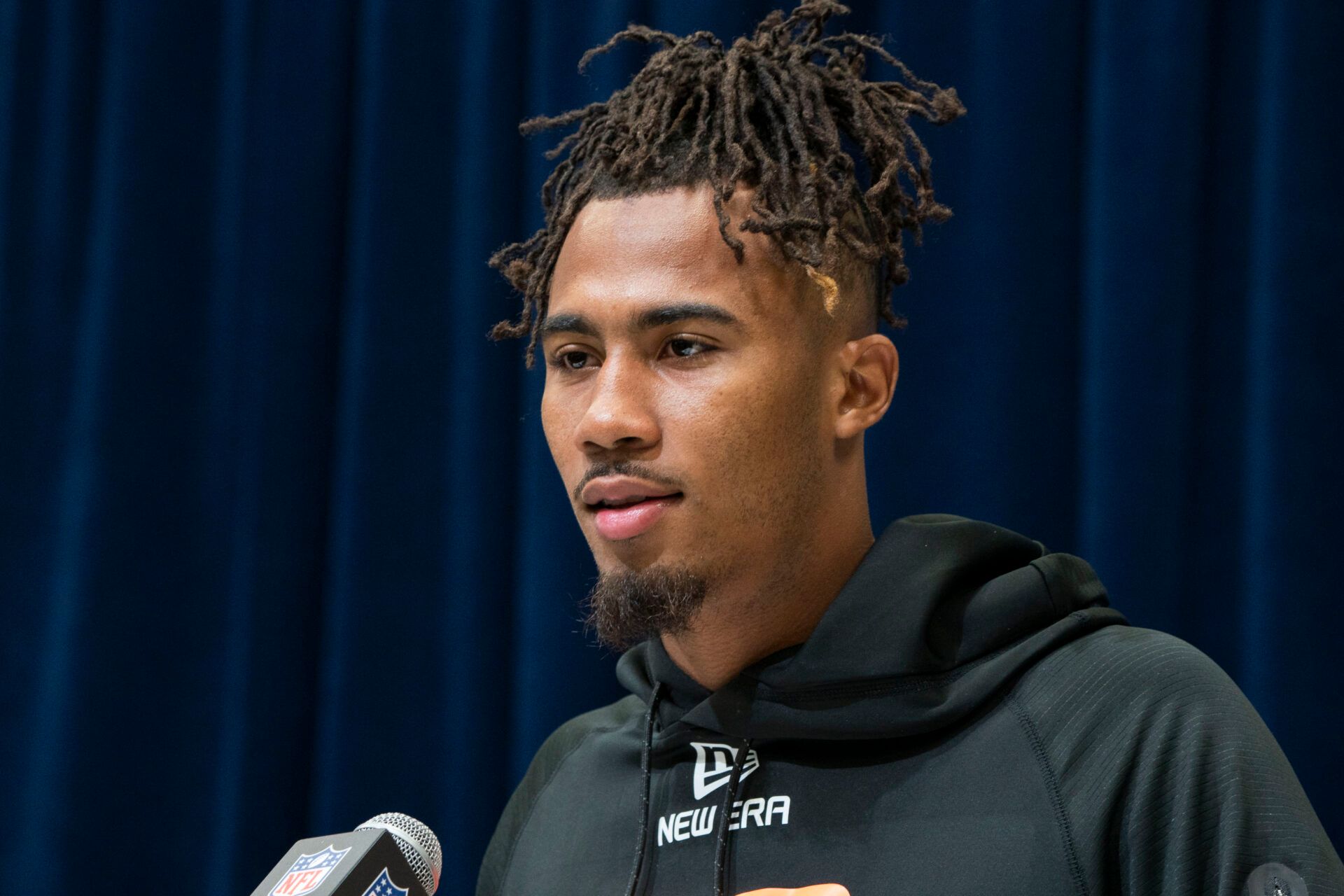 Illinois wideout Pat Bryant (WO08) answers questions at a press conference during the 2025 NFL Combine at Indiana Convention Center.