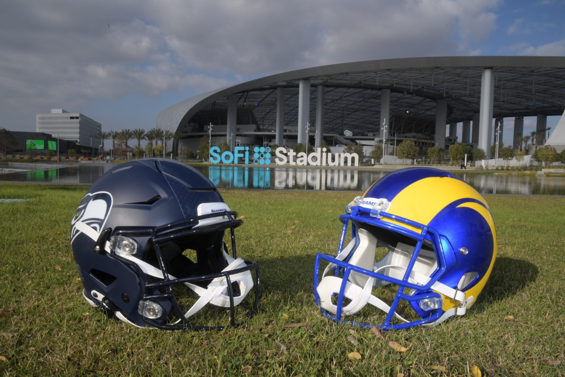 Seattle Seahawks and Los Angeles Rams helmets are seen at SoFi Stadium.