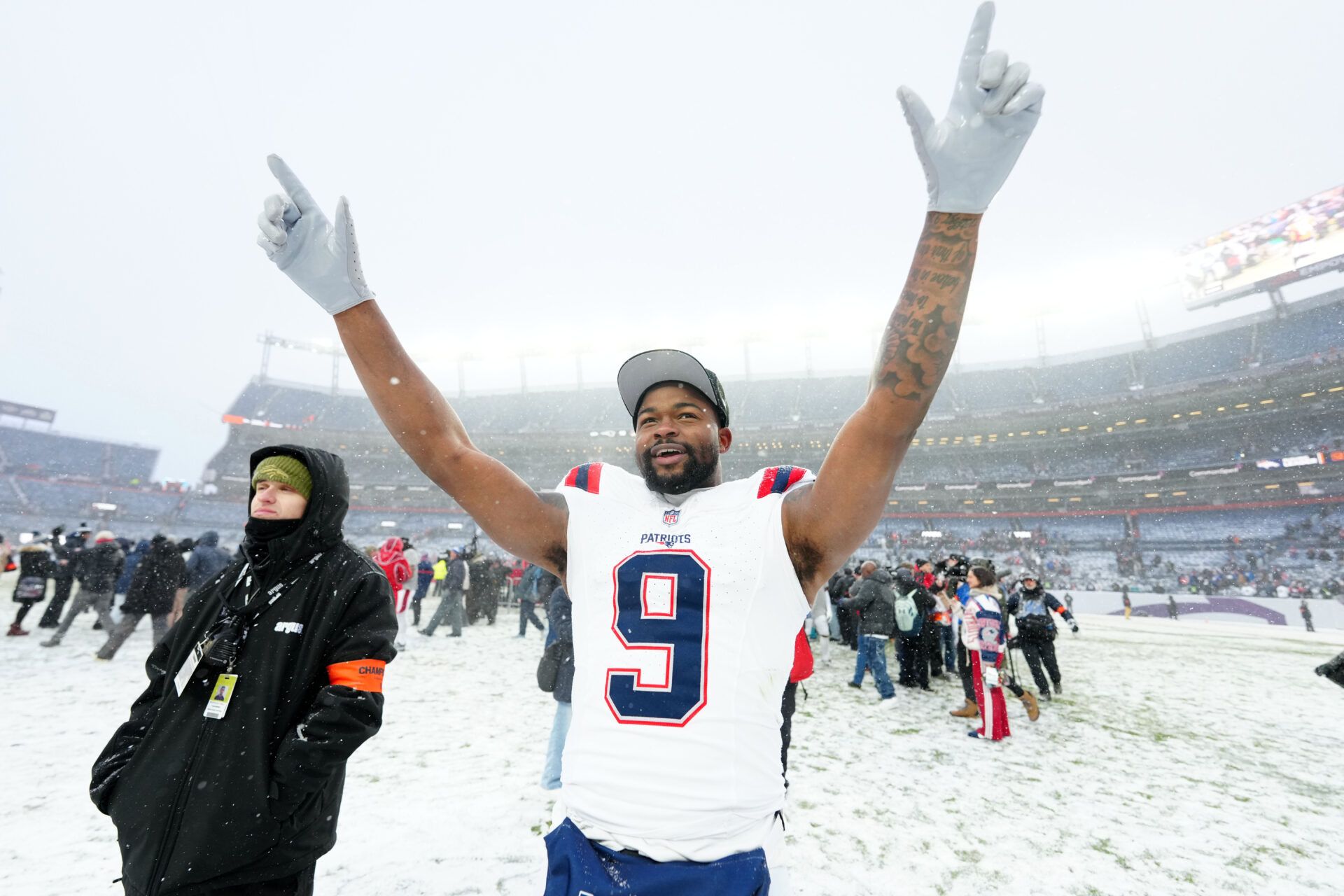 New England Patriots wide receiver Kayshon Boutte (9) reacts after defeating the Denver Broncos in the 2026 AFC Championship Game at Empower Field at Mile High.