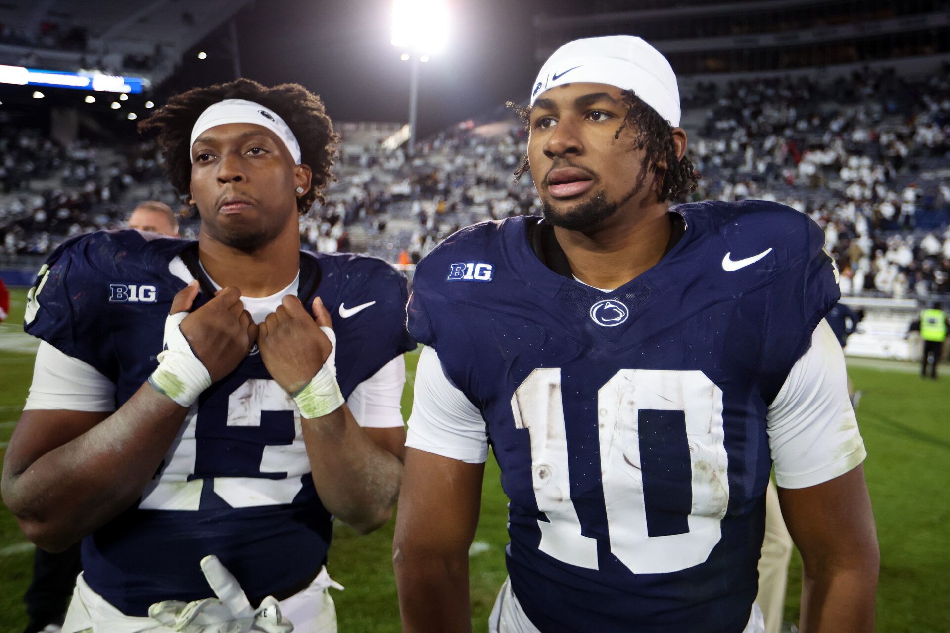 Penn State Nittany Lions running back Nicholas Singleton (10) and running back Kaytron Allen (13) stand on the field following the game against the Nebraska Cornhuskers at Beaver Stadium.