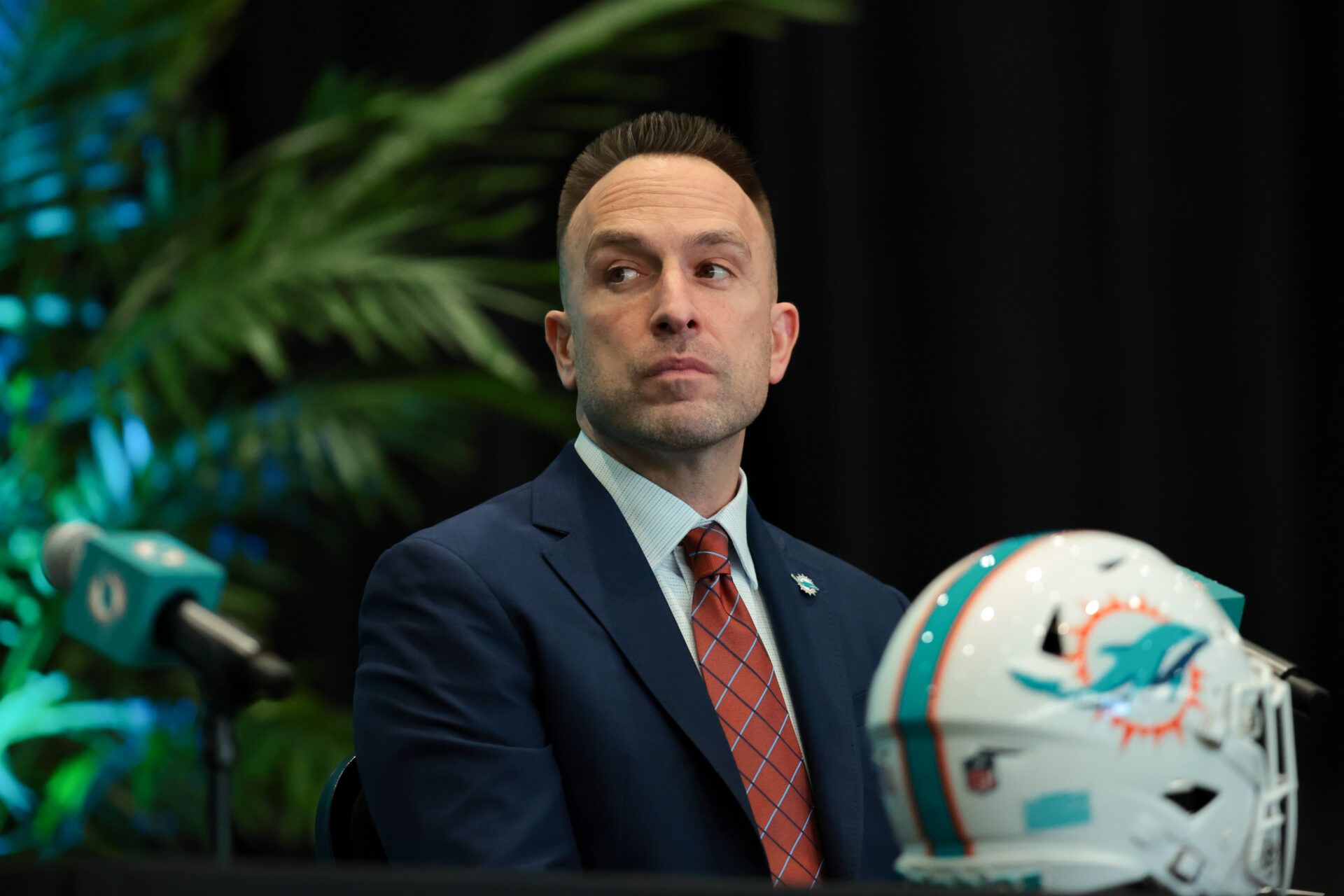 Miami Dolphins head coach Jeff Hafley looks on during an introductory press conference at Baptist Health Training Complex.
