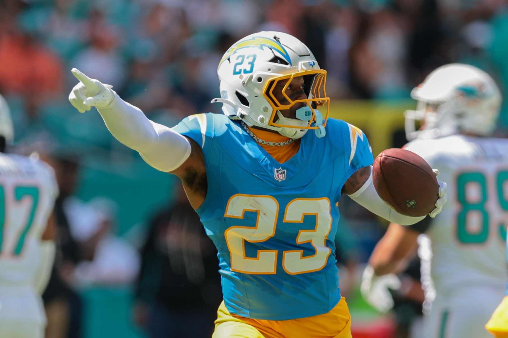 Los Angeles Chargers safety Tony Jefferson (23) celebrates after intercepting a pass intended to Miami Dolphins wide receiver Jaylen Waddle (not pictured) during the first quarter at Hard Rock Stadium.