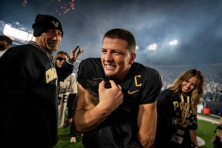 Vanderbilt quarterback Diego Pavia celebrates after defeating Kentucky at FirstBank Stadium in Nashville, Tenn., Saturday, Nov. 22, 2025.