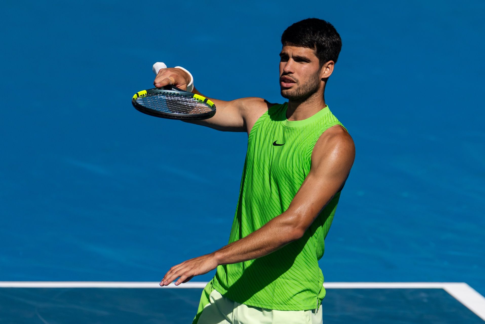 Carlos Alcaraz of Spain in action against Tommy Paul of United States in the fourth round of the mens singles at the Australian Open at Rod Laver Arena in Melbourne Park.